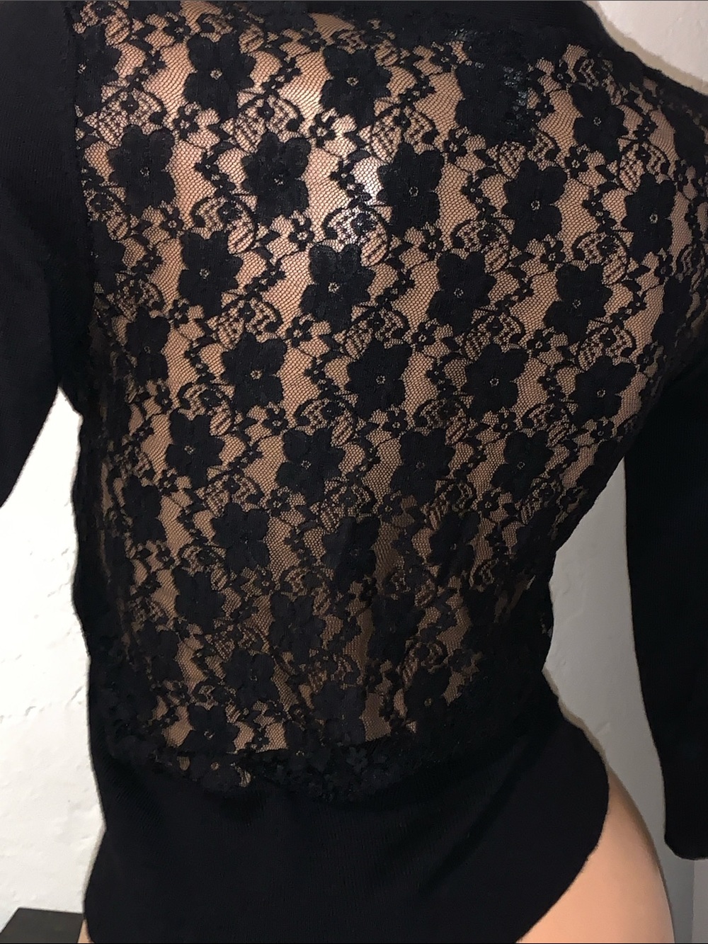 Sweater Project Black Lace Button-Down Crop Cardigan Sweater top 3/4 sleeve